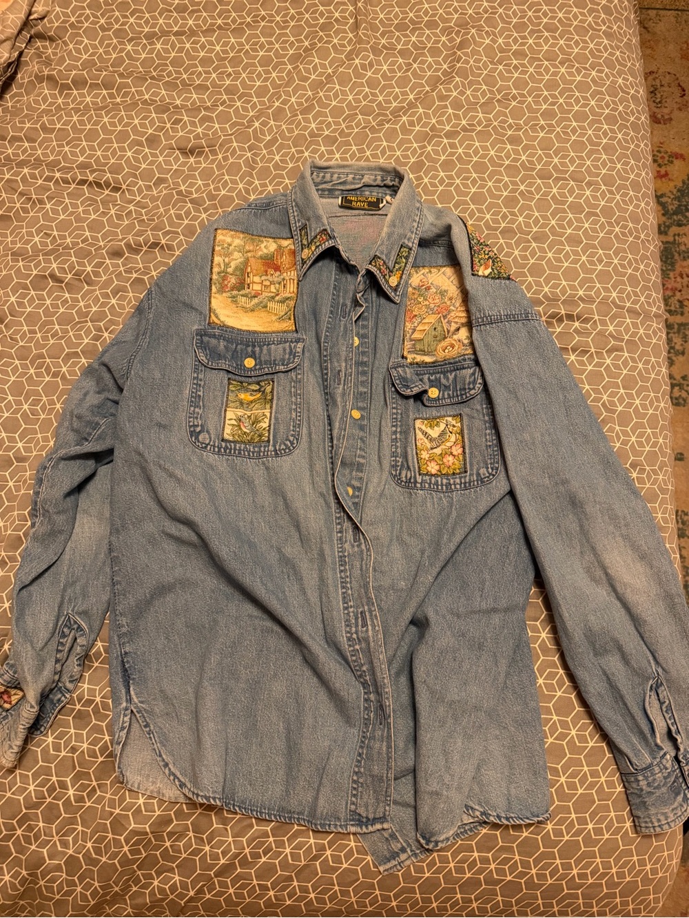 Vintage Light Blue Denim Button-Down Shirt with Tapestry Patch Accents